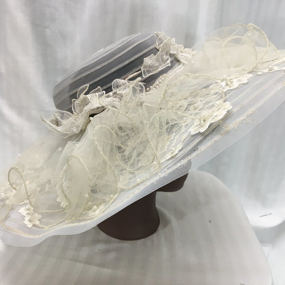 White Tulle Sun Hat with White Lace Flowers